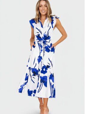 NWT Baltic Born Blakely Cotton Midi Dress White Blue SUGARLIPS Neli Charlotte M